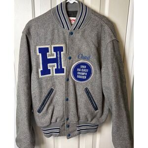Vintage 80s Varsity Jacket Holloway Gray Blue Wool Sz L Soccer Patches USA Chad